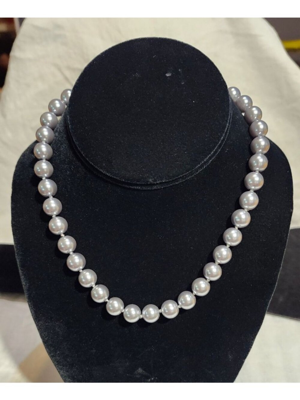 Vintage Gray Glass Faux Pearl Beaded Necklace Double Knotted